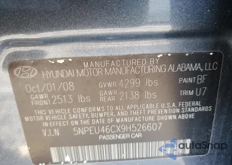 2009 Hyundai Sonata Se из США, поврежденный, VIN 5NPEU46CX9H526607